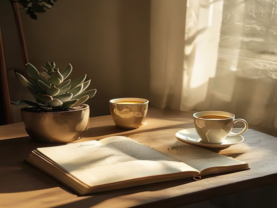 Bureau met notebook en kopje koffie